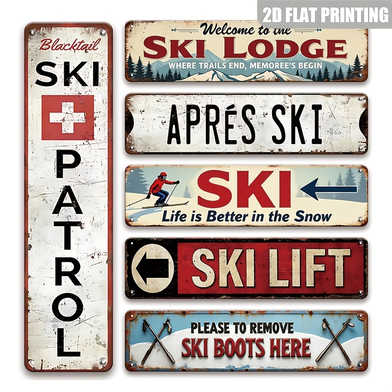 TEMU 2d Flat, 6pcs Retro Ski Theme Wooden Wall Decor - Distressed Decoration With Vintage Ski Patterns, Suitable For Men's Caves, Bars, Pubs,