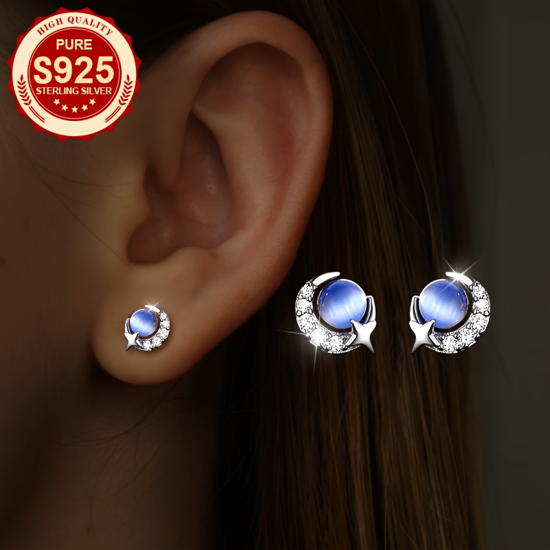 

1 Pair Elegant Blue Glass Crescent Stud Earrings, S925 Sterling Silver, Glittering Fashion Jewelry For Women, Hypoallergenic, Lightweight 1.15g, & Music Festivals