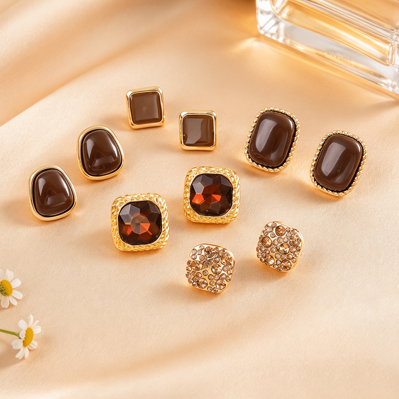 5-Pair Vintage Coffee Brown Geometric Irregular Square Earrings