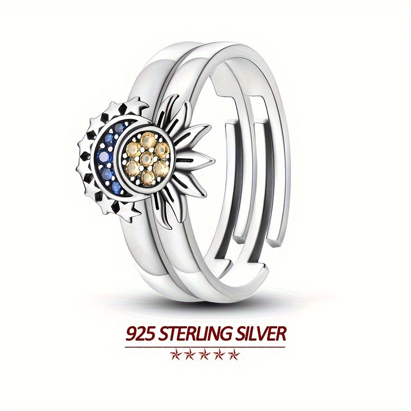 

925 Sterling Silver Sun And Moon Stack Ring With Sparkling Cubic Zirconia Decor, Hypoallergenic Elegant And Luxurious Wide Band Ring Jewelry Gifts For Women