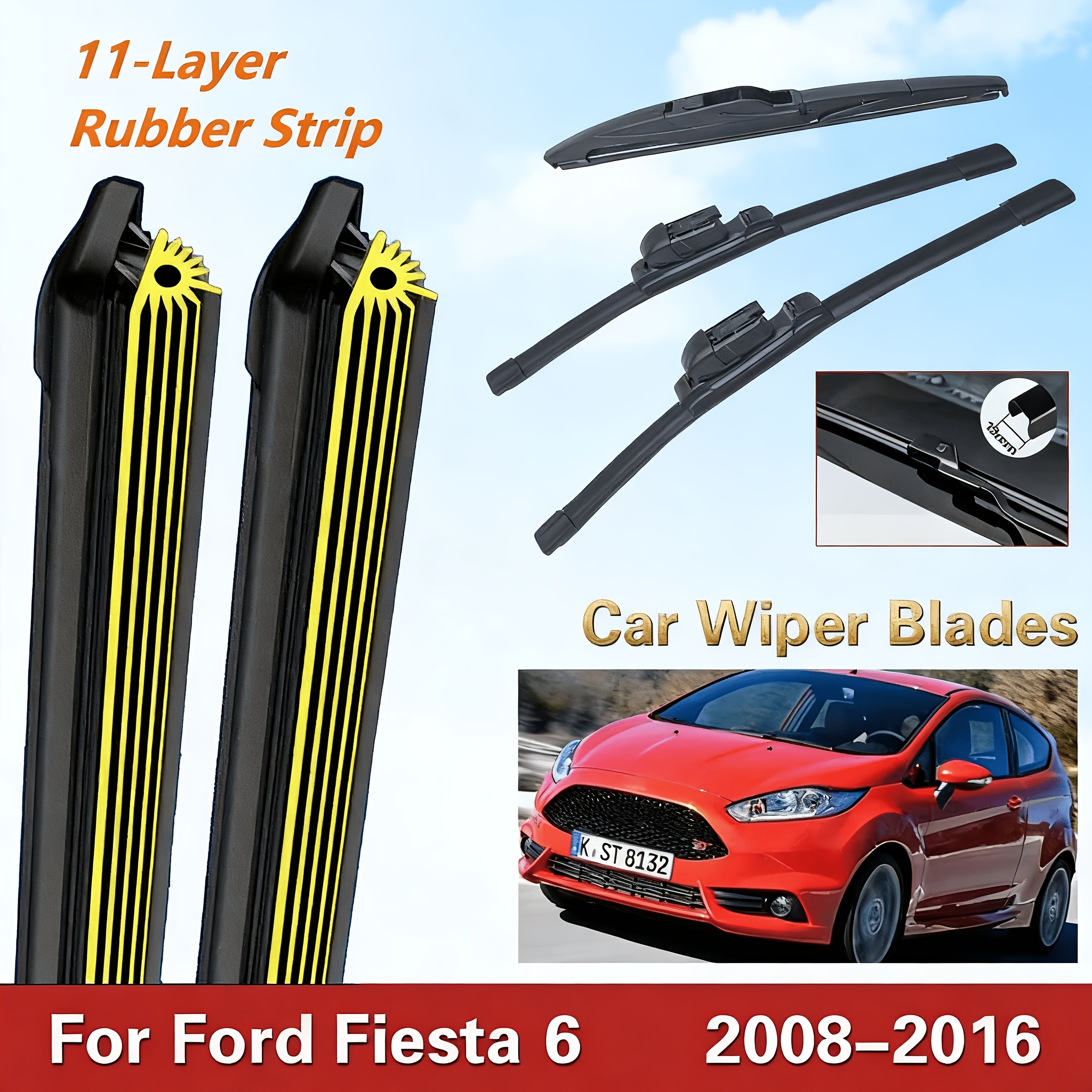 Image of Front And Rear Wiper Blades Set For Ford 6 2008-2016 Windshield Windscreen Window Brushes, 11-layer Rubber Strip Wiper