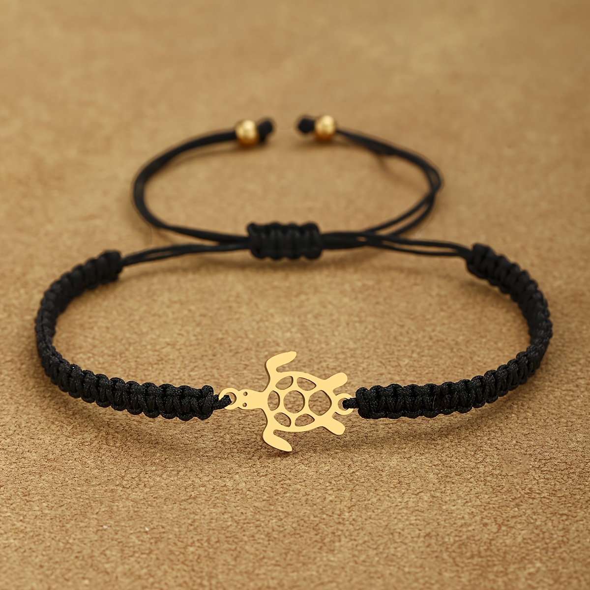 TEMU Bracelet Tortue de Mer en Acier Inoxydable 304 Plaqué Or 18K, Bracelet Simple Réglable en Corde de Nylon Tressé à sur le Thème de Marine, Cordon