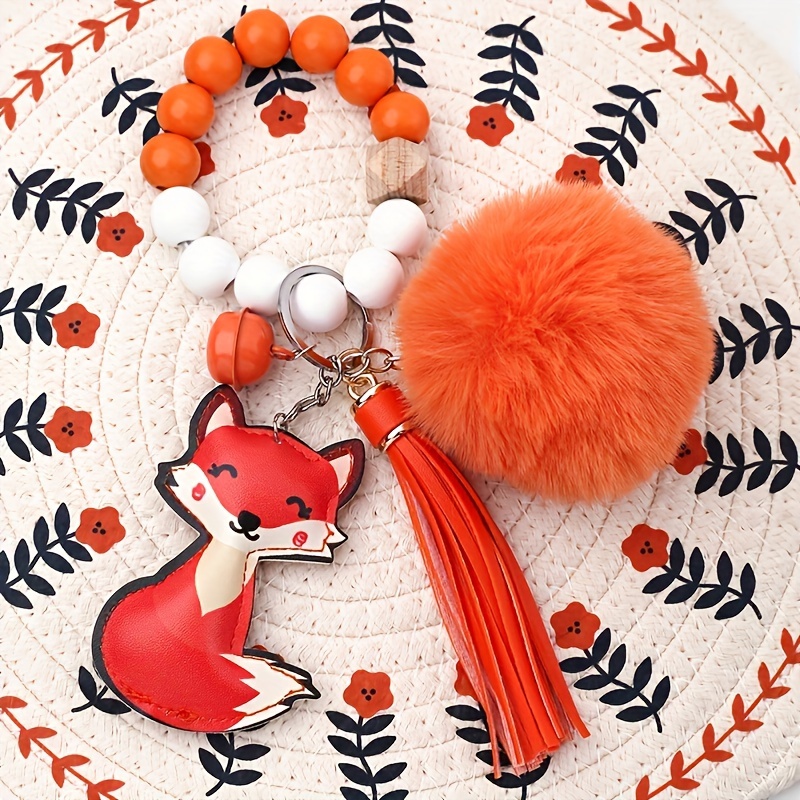1pc pu plush fox keychain bell beads tassel cute cartoon - Temu display picture 2