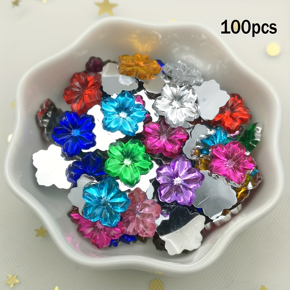 Diy 100pcs 1.3cm/0.51in Flower Flat Back Applique Acrylic Rhinestone Flat Back Beads