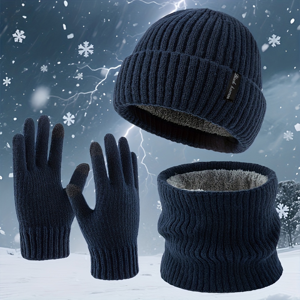 Image of 3pcs Set Of Autumn Winter Fleece Thickened Warm Knit Hats, Unisex Mixed Set Outdoor Warm Casual Beanie Slouchy Hat, Fashion Versatile Ski Hat Riding Hat Gourd Hat Cold Weather Hat