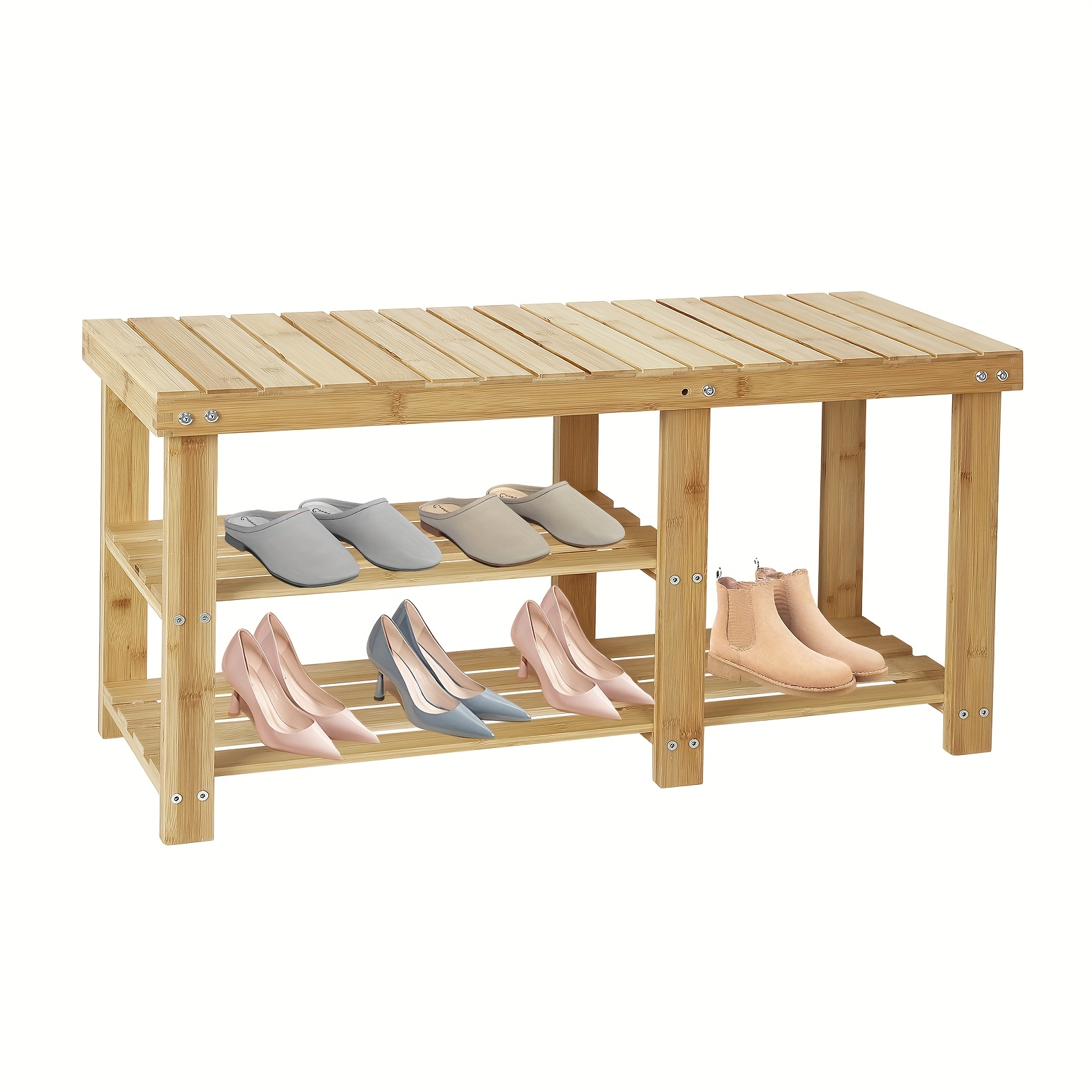 TEMU Shoe Rack Bench, 3-tier Wood Shoe Bench With Boot Organizer, Free Standing Shoe Racks Bench, Storage Shoe Shelf For Entryway Hallway Bedroom, Balcony