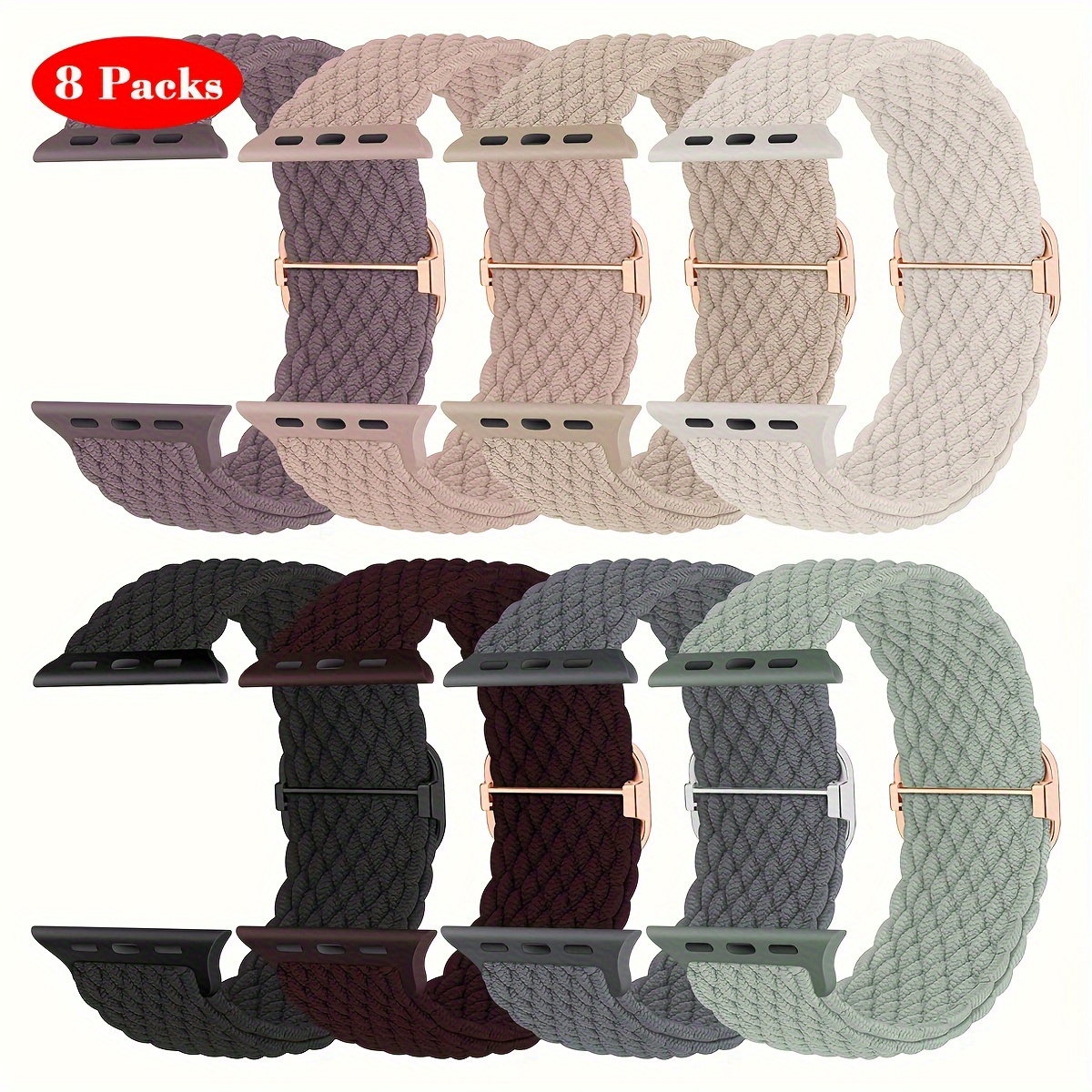 E-shop 8er-Pack Geflochtene Solo Loop Armband Kompatibel mit iWatch Band 38mm 40mm 41mm 42mm 44mm 45mm 46mm 49mm für Damen Herren, Verstellbares