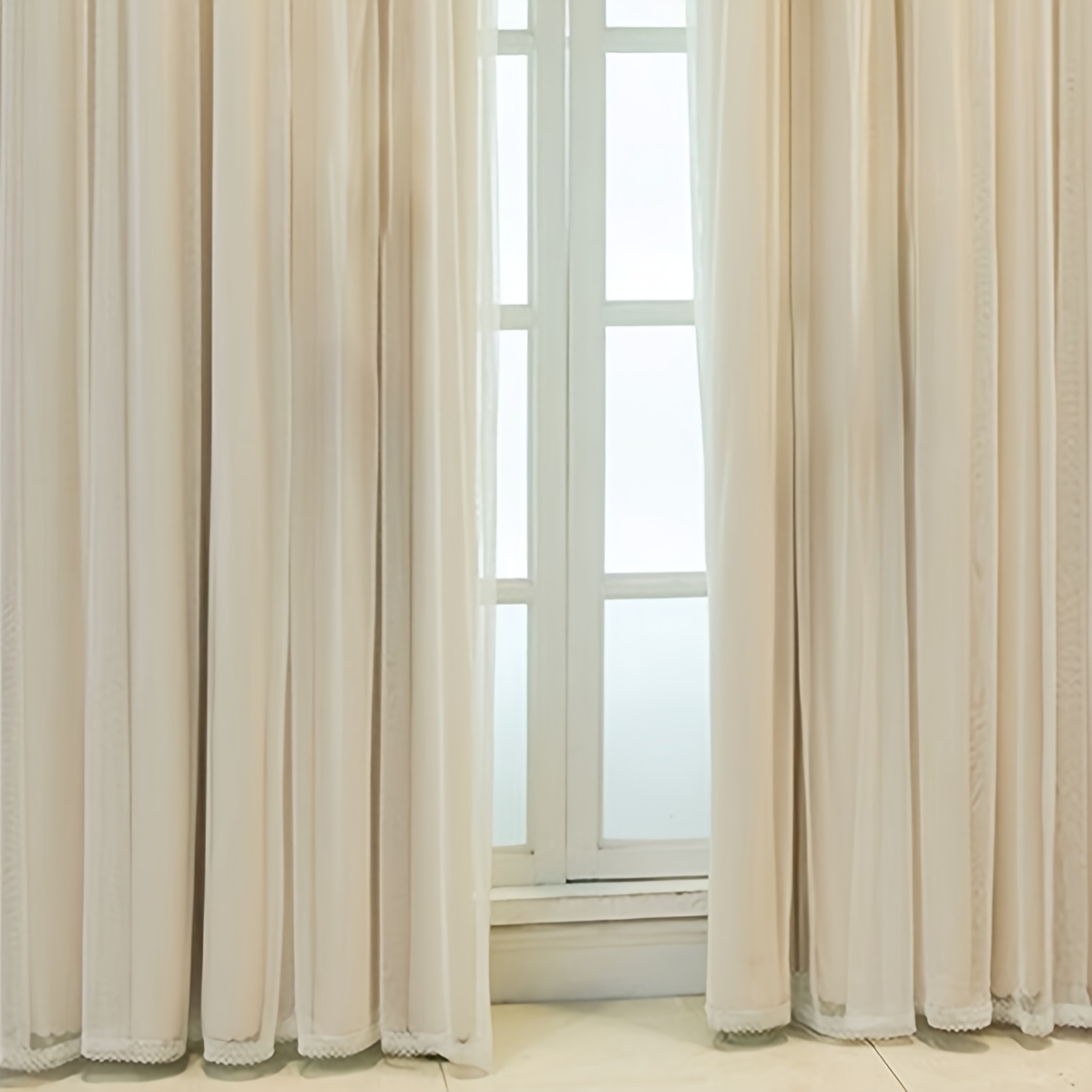 2pcs French Cream Beige Double-Layer Lace Curtains Suitable for Household, Rental Homes & Homestays - Light Blocking Floor-Length Window Drapes with Grommet Top, Sheer Panels for, Machine Washable for Bay Windows, Bedroom