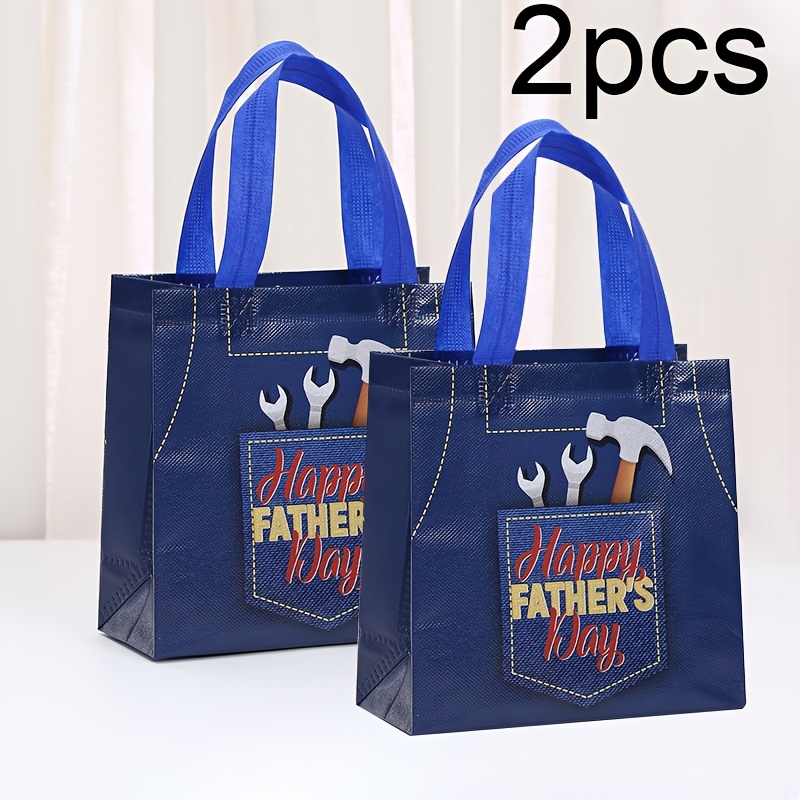 TEMU 2pcs Non-woven Fabric Gift Bags - With , Simple Foldable Bags, Blue Tote Bags With Printed Text And Patterns, Suitable For Father's Day Party