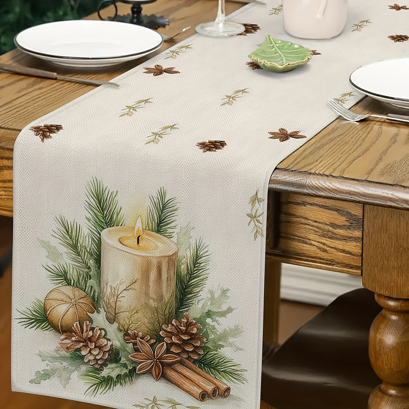 

Christmas Candle And Table Runner - Holiday Decor For Dining Room And Kitchen, Polyester Woven Design, Rectangular Tablecloth For Winter Celebrations