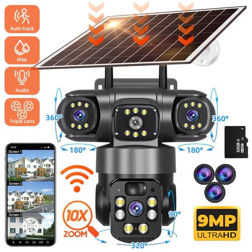 high definition 4k 9mp wireless outdoor solar powered security camera 2 4g hz 360 panoramic view ptz camera 3 lens pir human detection alarm push color two way audio solar panel or usb charging