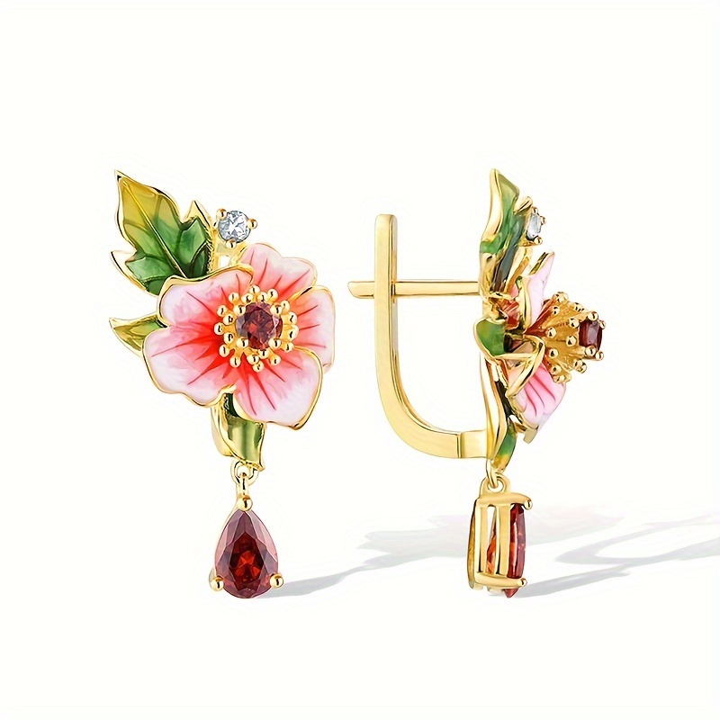 Flower Inlay Ruby Pendant Earrings for Women's Party