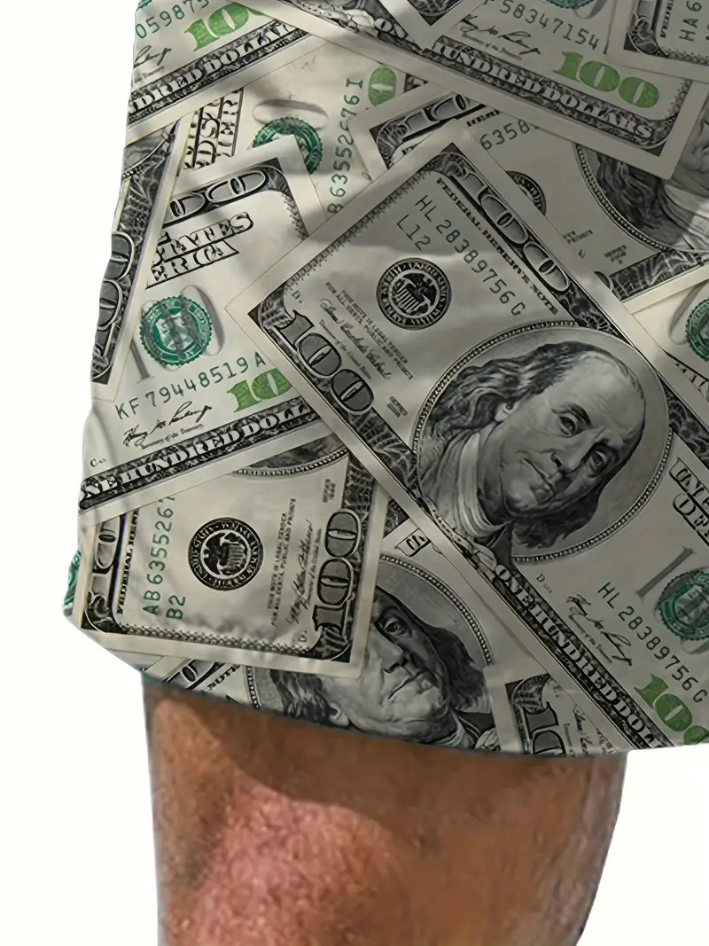 mens trendy money pattern shorts with pockets casual breathable elastic waist drawstring shorts for summer details 0