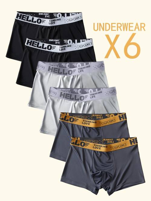 6pcs hello printed mens boxer underwear breathable stylish comfortable sports underwear quick drying high elastic sports underwear