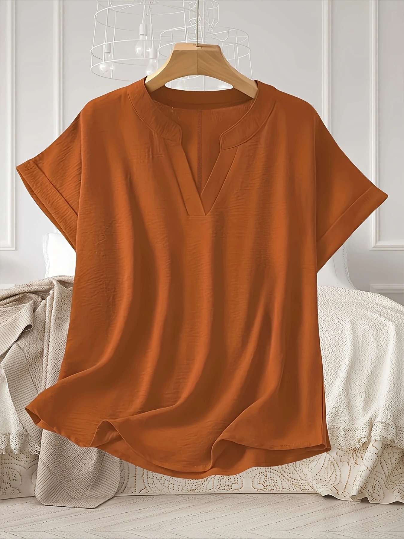 Elegant Plus Size Women'S V-Neck Short Sleeve Blouse - Light Gray, Casual & Stylish for Spring/Summer, Relaxed Fit with Half-Sleeve Design, Casual Wear | Relaxed Fit Top | Stylish Necklin