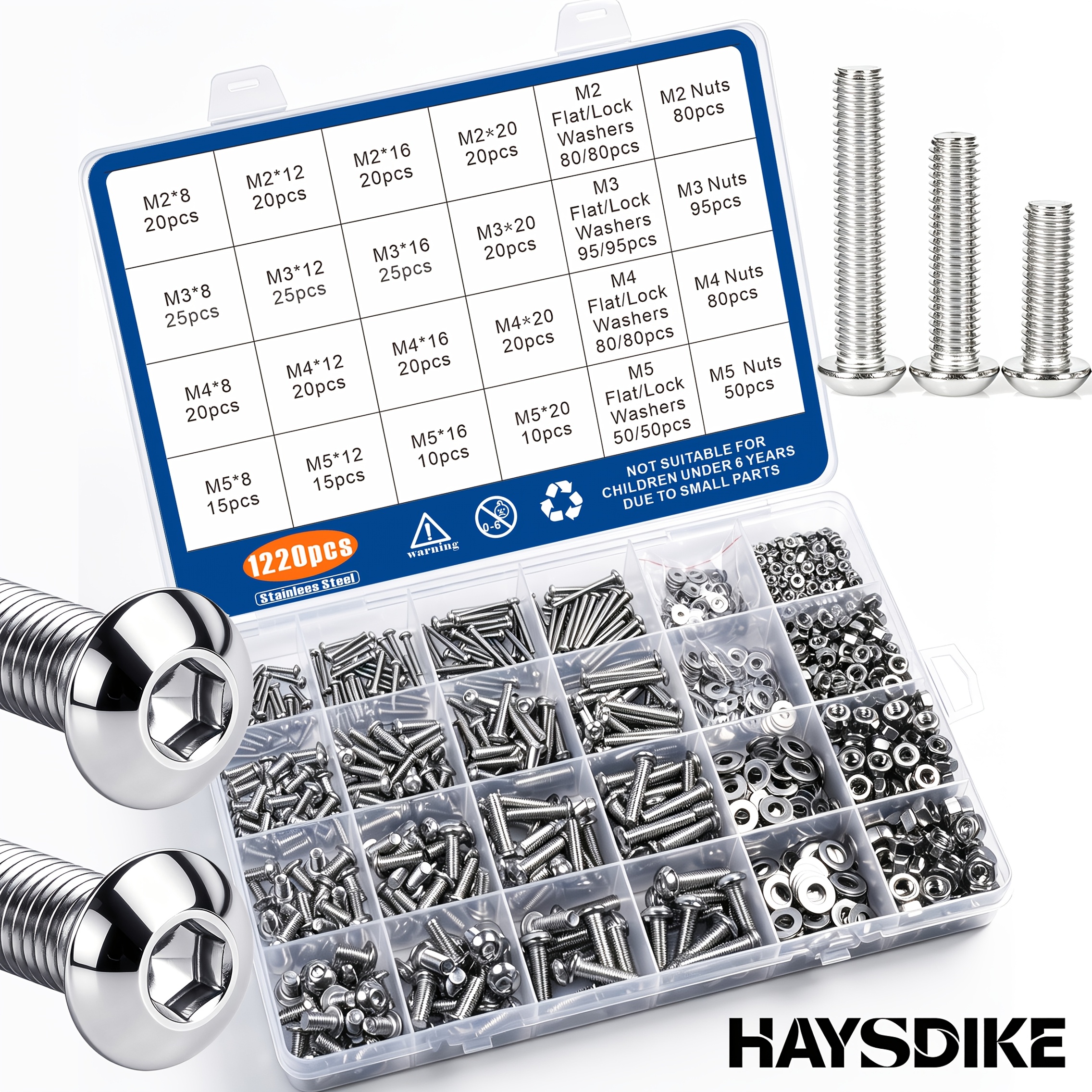 TEMU Kit d'assortiment de 1220 pièces de boulons à tête bombée à six pans creux à douille, en acier inoxydable, M2 M3 M4 M5, vis à écrou Allen