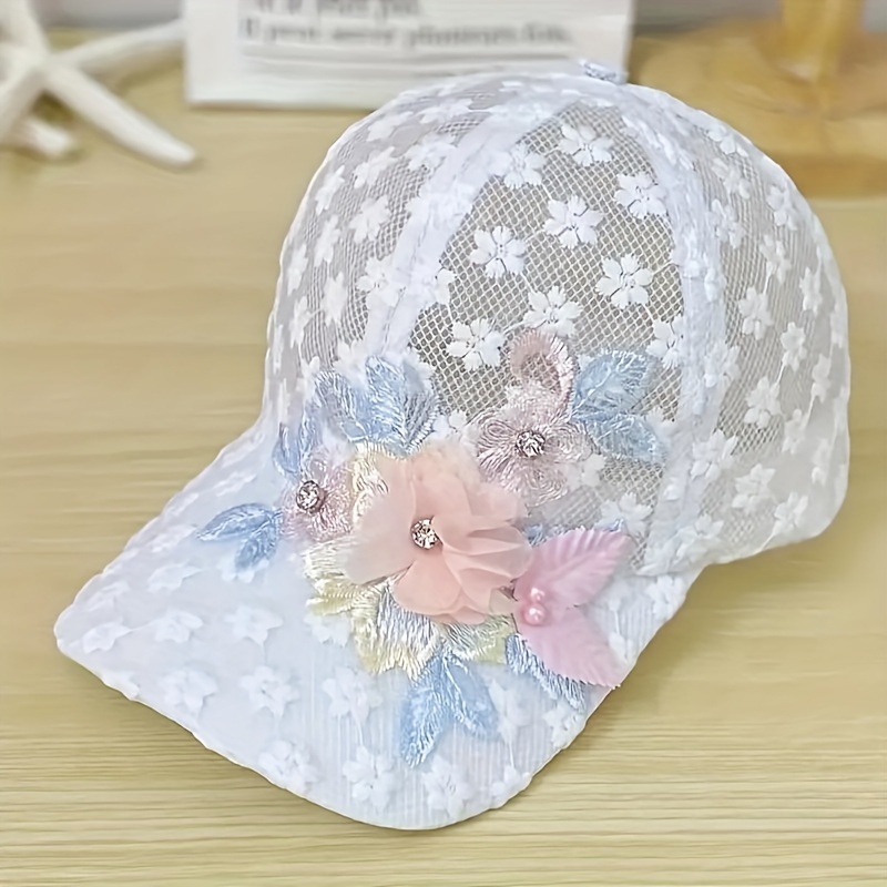 

Elegant Lace Floral Embroidered Baseball Cap With Faux Pearls, Breathable Mesh Design, Adjustable Fit For Women