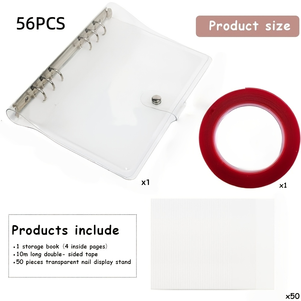 TEMU 56pcs Large Clear Press On Nails Storage Tools, Nail Packaging, Including 1 Nail Storage Book And 4 Inside Pages And 1 Double-sided Tape And