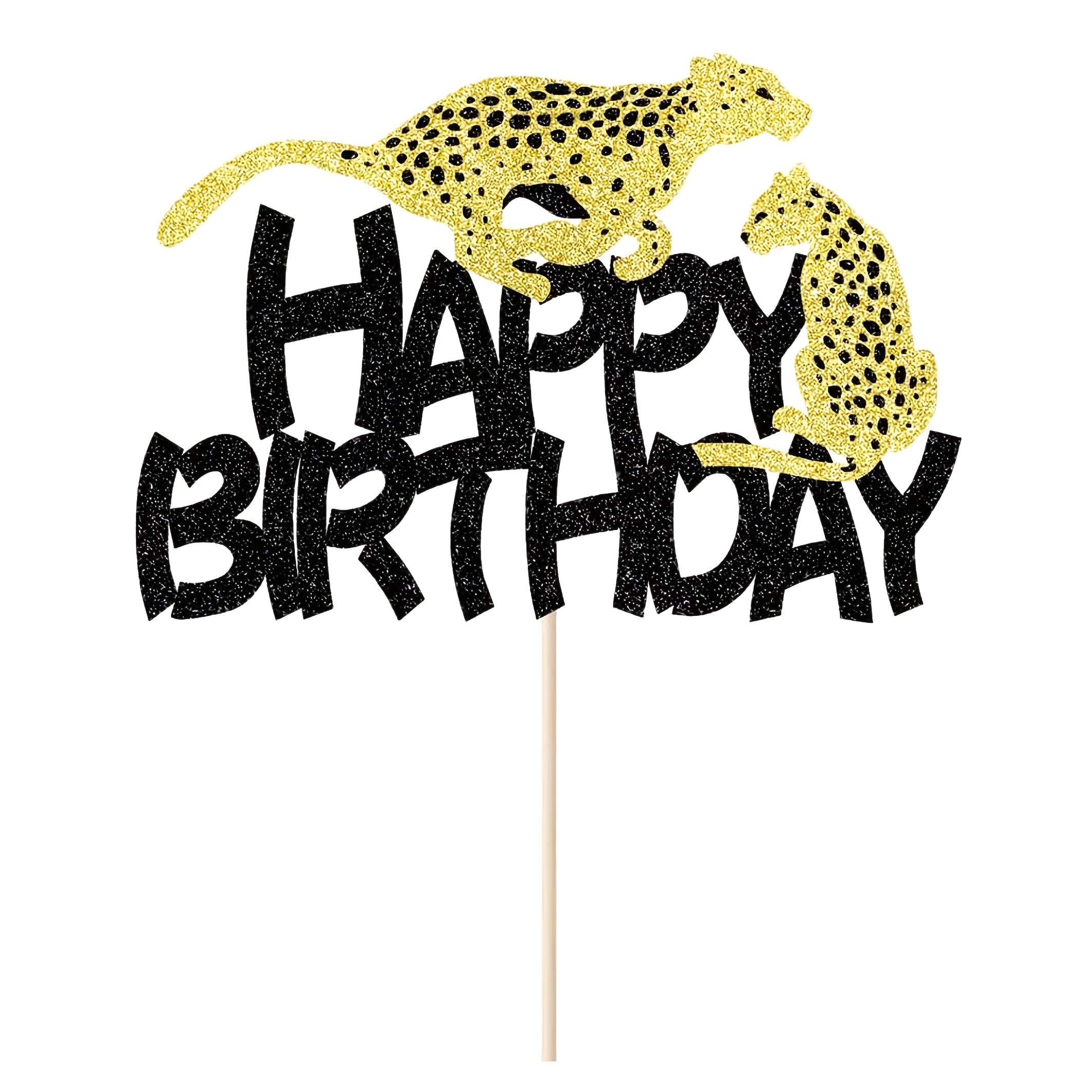Image of 1pc Cake Decoration, A Happy Birthday Cake Cover, Leopard Silhouette Cake Decoration, Golden -themed Bath Birthday Party Supplies.