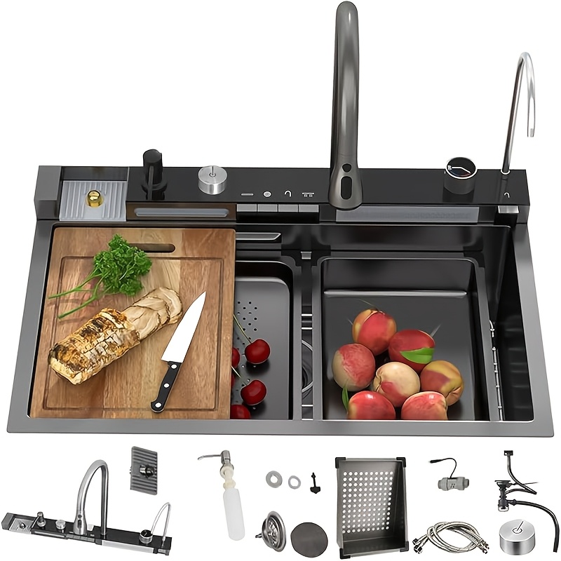 Image of Multifunctional Kitchen Sink 26.7 Inch Deep Gray Kitchen Sink, Digital Display Swift Sink, Stainless Steel Large Single Bowl Multifunctional Sink With Accessories (color: Black, Size: 68x45x22cm)