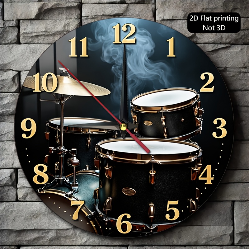 TEMU 1pc Modern Drum & Cymbal Wall Clock With Smoke Design - Round Suitable For Home, Office, Game Room, Bar - Artificial Wood Drum Set Clock For