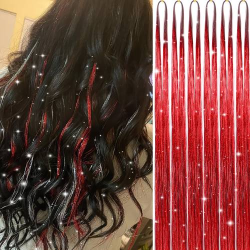 6pcs colorful glitter tinsel hair extensions fairy hair extension 48 inches 1200 strands hair extension tinsel glitter hair extensions for women hair accessories daily festival carnival christmas wig new year valentines day