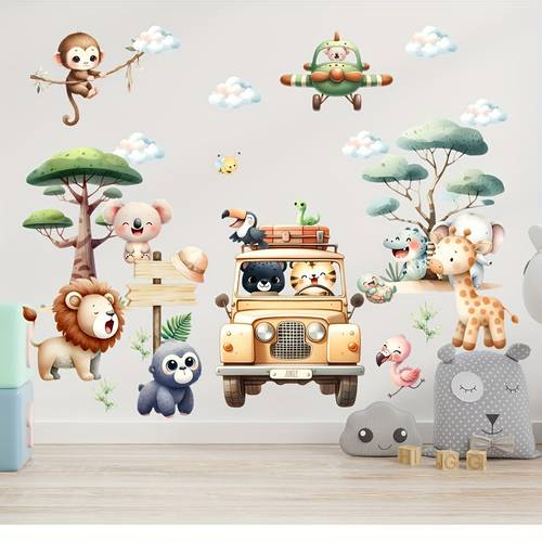 1 set 2pcs forest animals lion giraffe car decoration wall stickers living room bedroom background wall stickers