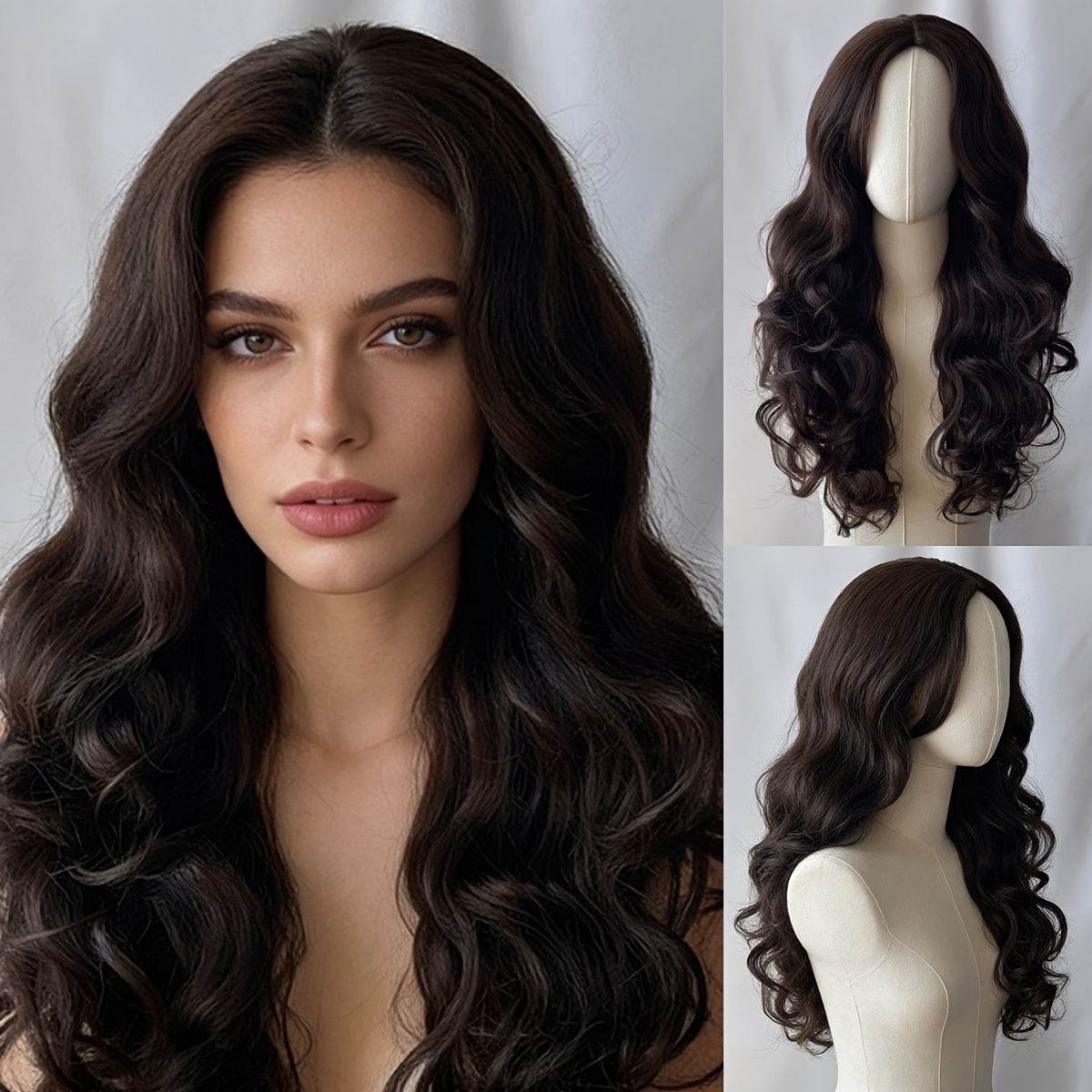 TEMU Perruque longue et ondulée de 66 cm (26 pouces) en brun foncé , avec fibre résistante à la chaleur, à la au , perruques intégrales pour femmes,
