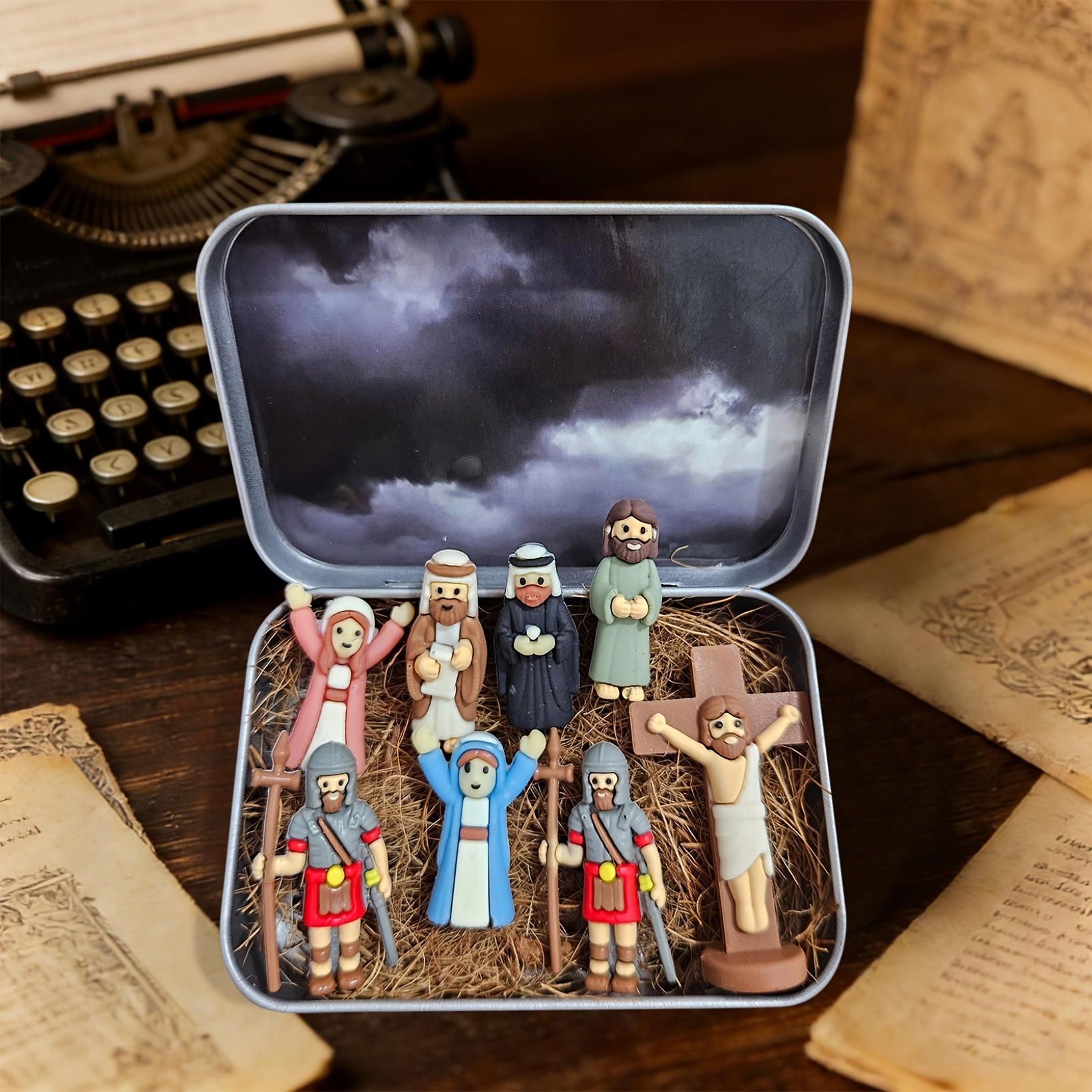 Image of Small Christmas Nativity Set In A Container Featuring Miniature Holy For Family Figures, A Religious Holiday Decoration Gift For