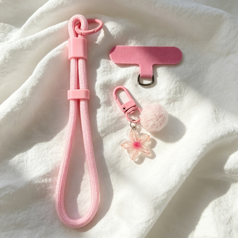 TEMU A Macaron-colored Adjustable Thick-woven Phone Wrist Strap With A Transparent Small Flower Pendant And Plush Ball Charm, With A Universal