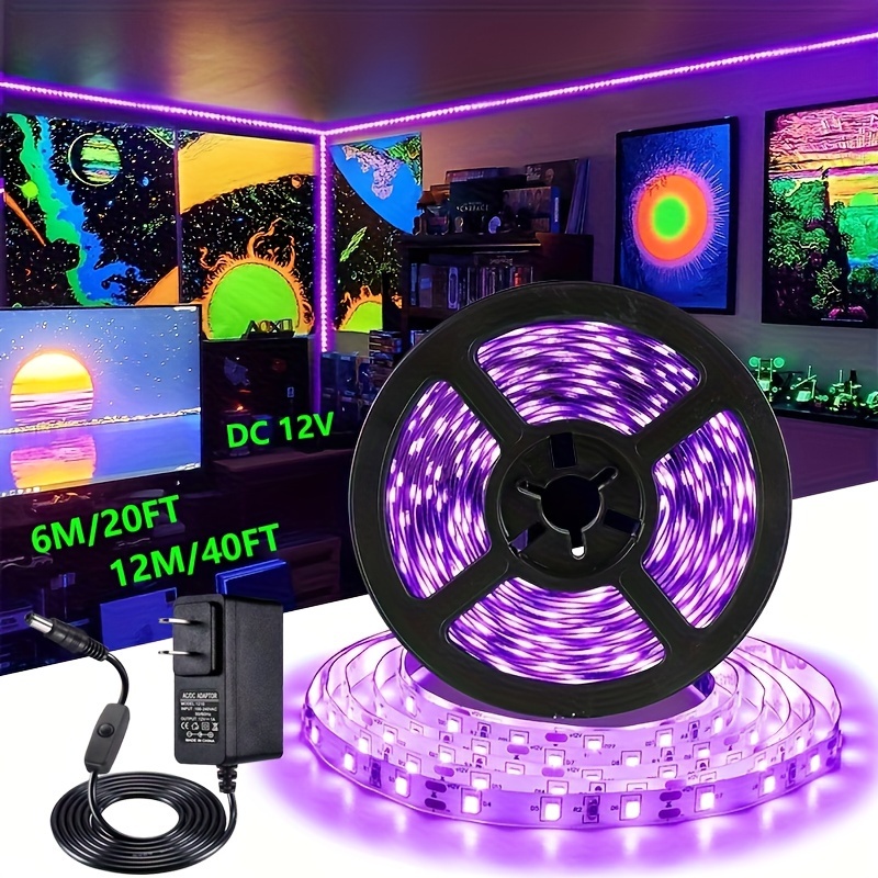 

20ft/40ft 12v Led Black Light Strip Kit, 720/1440 Beads, Black Light Suitable For Glowing Parties, Indoor Birthdays, Body Paint, Halloween