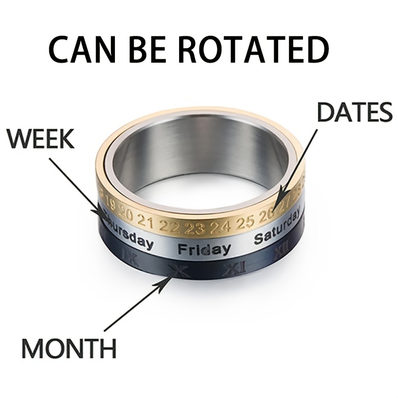 1 titanium 304l stainless   style rotatable date time calendar ring with roman   black and golden anxiety decompression jewelry mens casual dress and holiday gifts christmas thanksgiving carnival Product details 5