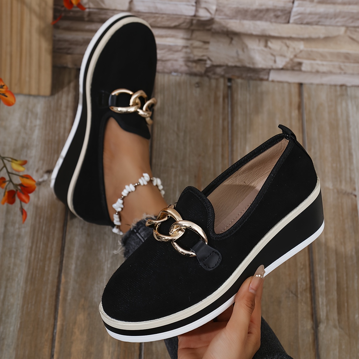 TEMU New Women' And Autumn Metal Chain Thick Sole Wedge Single Shoes Casual Heightening One- Heel Single Shoes