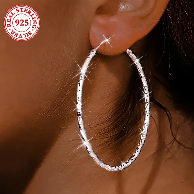 

1 Pair, Sterling Silver 925 Hoop Earrings, 2.2 Inches, Texture Design, Lightweight Fashion Accessory, Elegant & , 5g/0.176oz Weight, Classic Minimalist Style