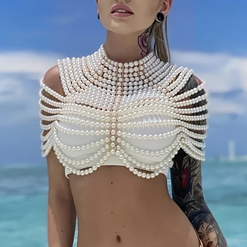 Pearl Body Chain Shoulder Necklace Pearl Top Body Jewelry for Women Fashion  Pearl Bra Chains for Wedding Party