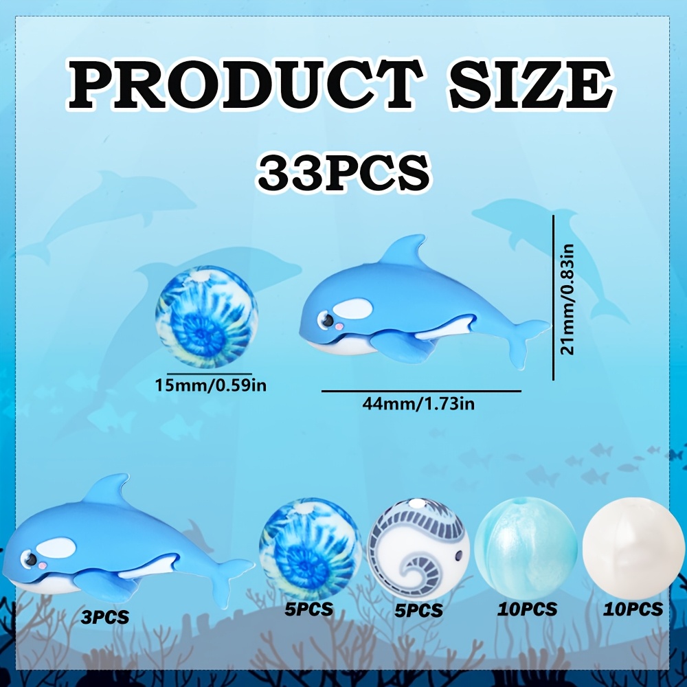 TEMU A Set Of 33 New Shark Ocean Animal Themed Silicone Beads, Featuring Colorful Round Beads With Ocean Print Designs, Perfect For Making Bracelets,
