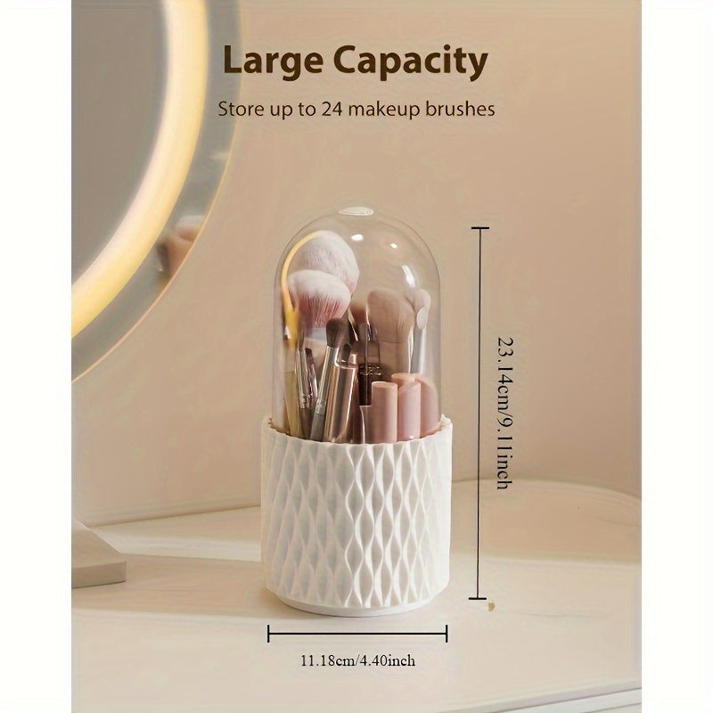 360 rotating makeup brush holder with transparent dome lid dustproof waterproof white hexagonal organizer   countertop storage for brushes skincare products durable plastic vanity organizer with 360 spin no power required bathroom dressing table organizer Product details 5