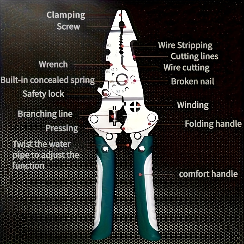 stainless steel foldable electricians wire stripping pliers a multifunctional tool for stripping cutting splitting wires as well as for wrenching screwing cutting and crimping featuring a comfortable non suitable for at home and on construction sites details 0