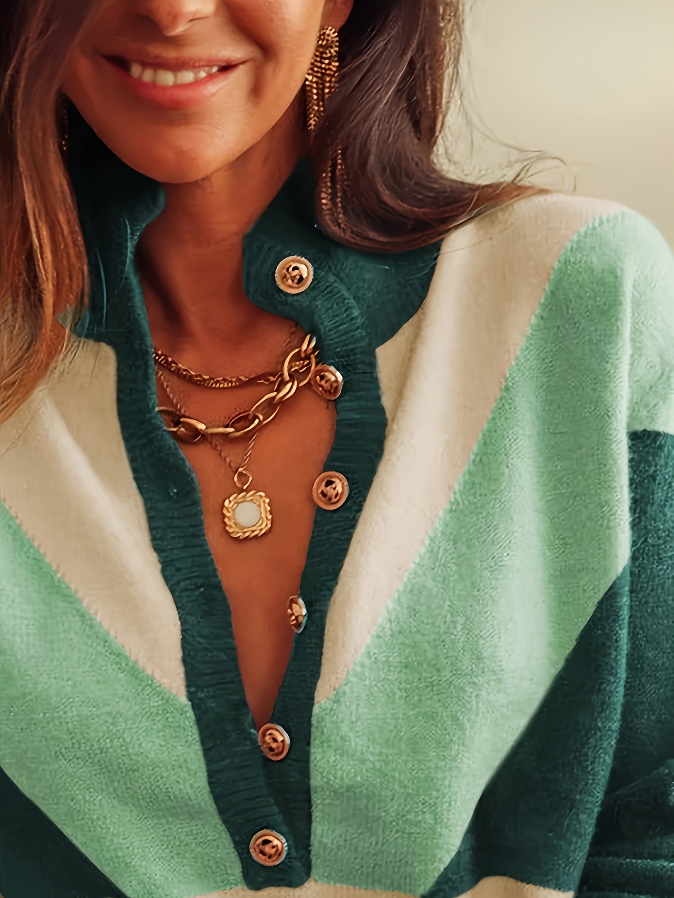 womens vintage pullover sweater green and white block   button front knitwear long sleeve autumn winter pullover suitable for casual to semi formal occasions