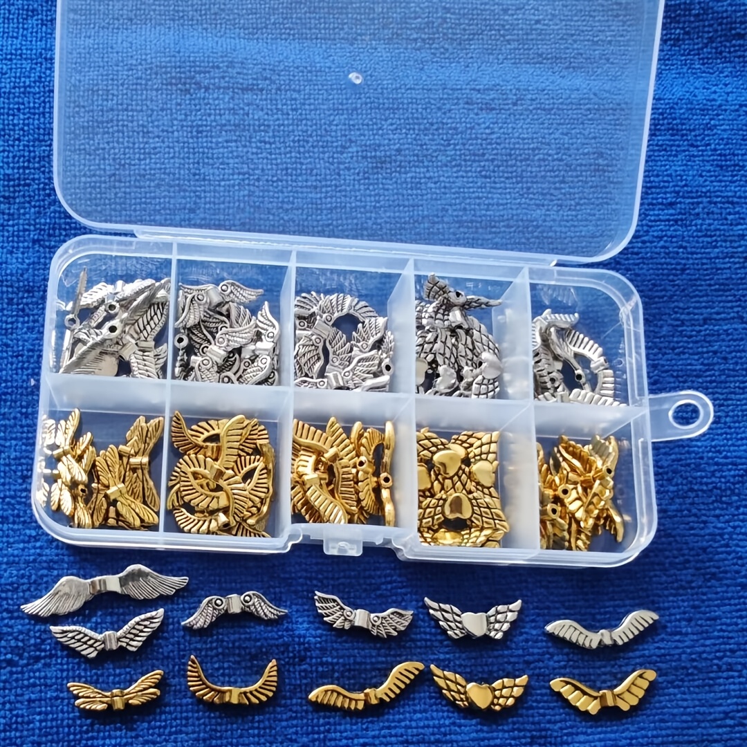 E-shop 100 Stück Vintage Silber-Gold Metallflügel-Perlen für Schmuckherstellung mit Aufbewahrungsbox
