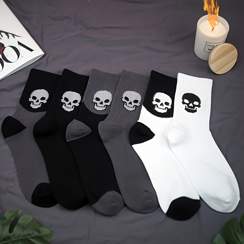 

6 Pairs Of Mid-calf Skull Face Socks, Comfortable