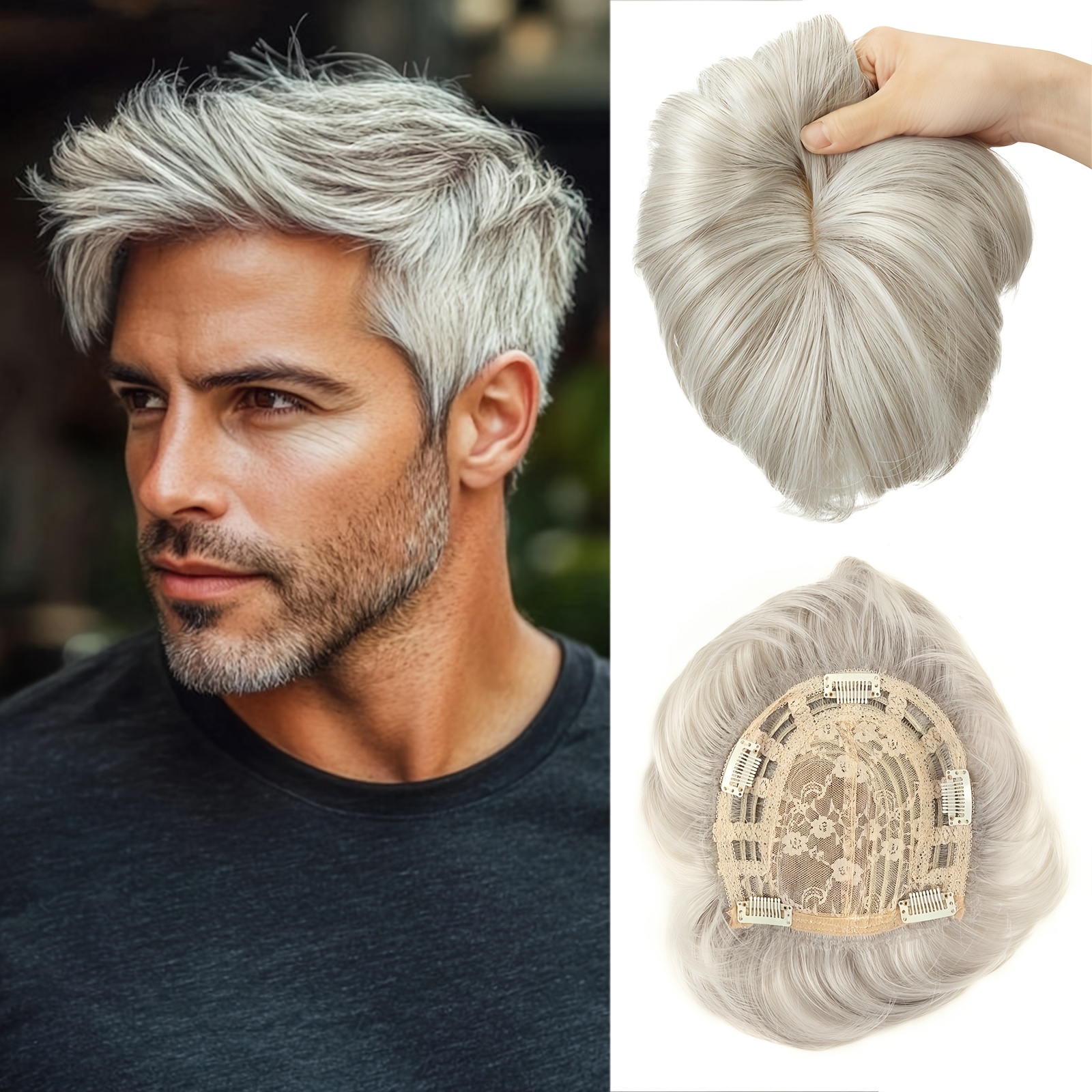 E-shop Herren Kurzer Cut Haarverstärker Flauschige Abdeckung Haarstücke mit Pony Synthetischer Haarverstärker für dünnes Haar Clip-in Haarverstärker