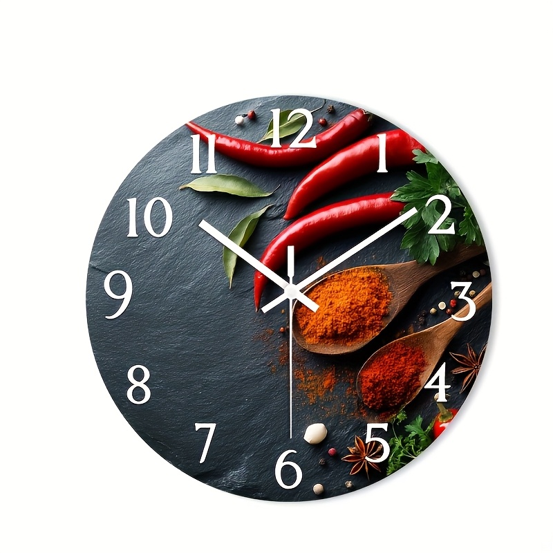 TEMU 1pc 2d Flat Wall Clock Non-ticking Wooden, Circular Clock Hd Glossy Lamination Finish Spicy Culinary Ingredients Arrangement Design For Dining