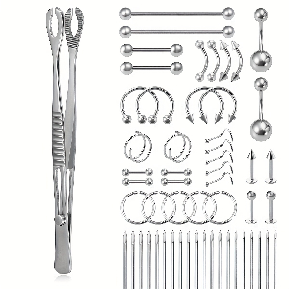 55pcs Body Piercing Tool Kit Include 1pc Piercing Forceps Clamp Pliers 20pcs 316L Stainless Steel Piercing Needles 34pcs Body Jewelry Ring Stud Hoop Barbell for Ear Lip Belly Navel Tongue Nose Eyebrow