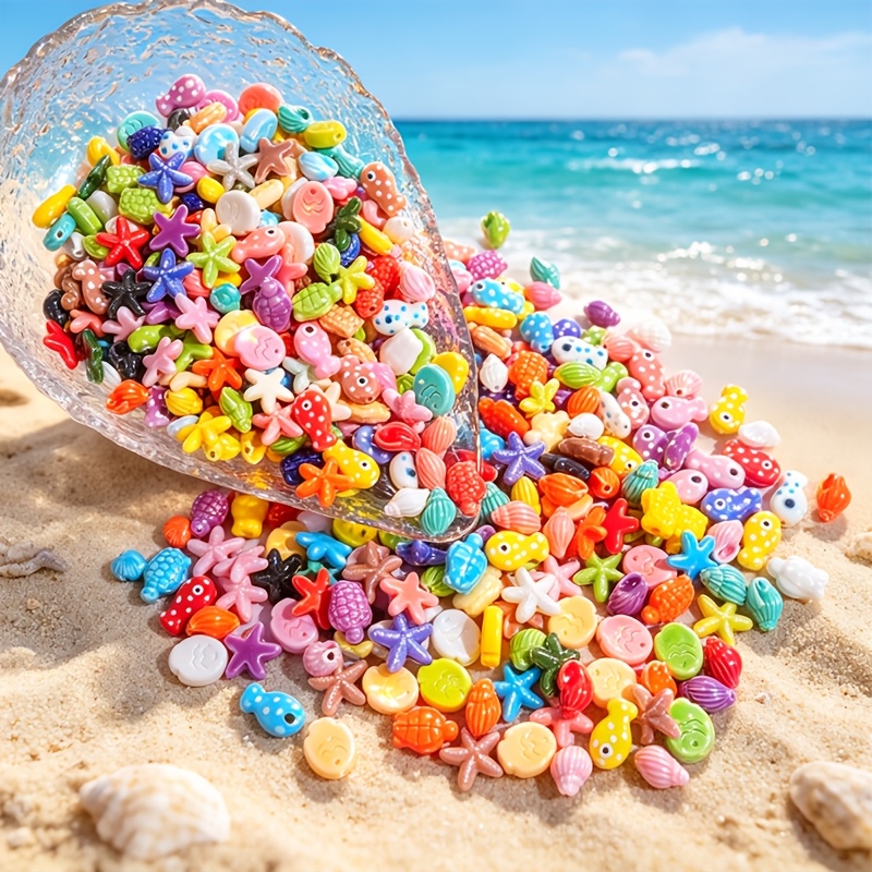 TEMU 12pcs/bag Random Mixed Color Ocean Themed Ceramic Loose Beads, Mixed Marine Animal Shapes With Clownfish, Starfish, Conch, Shell & Sea Turtle,