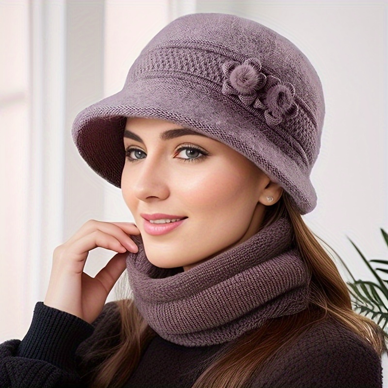 

Cozy Knit Bucket Hat For Women - Fleece-lined, Warm & Stylish Winter Cap With Flower Accent - Outdoor Activities, Shopping, Cycling - Ideal Christmas Gift