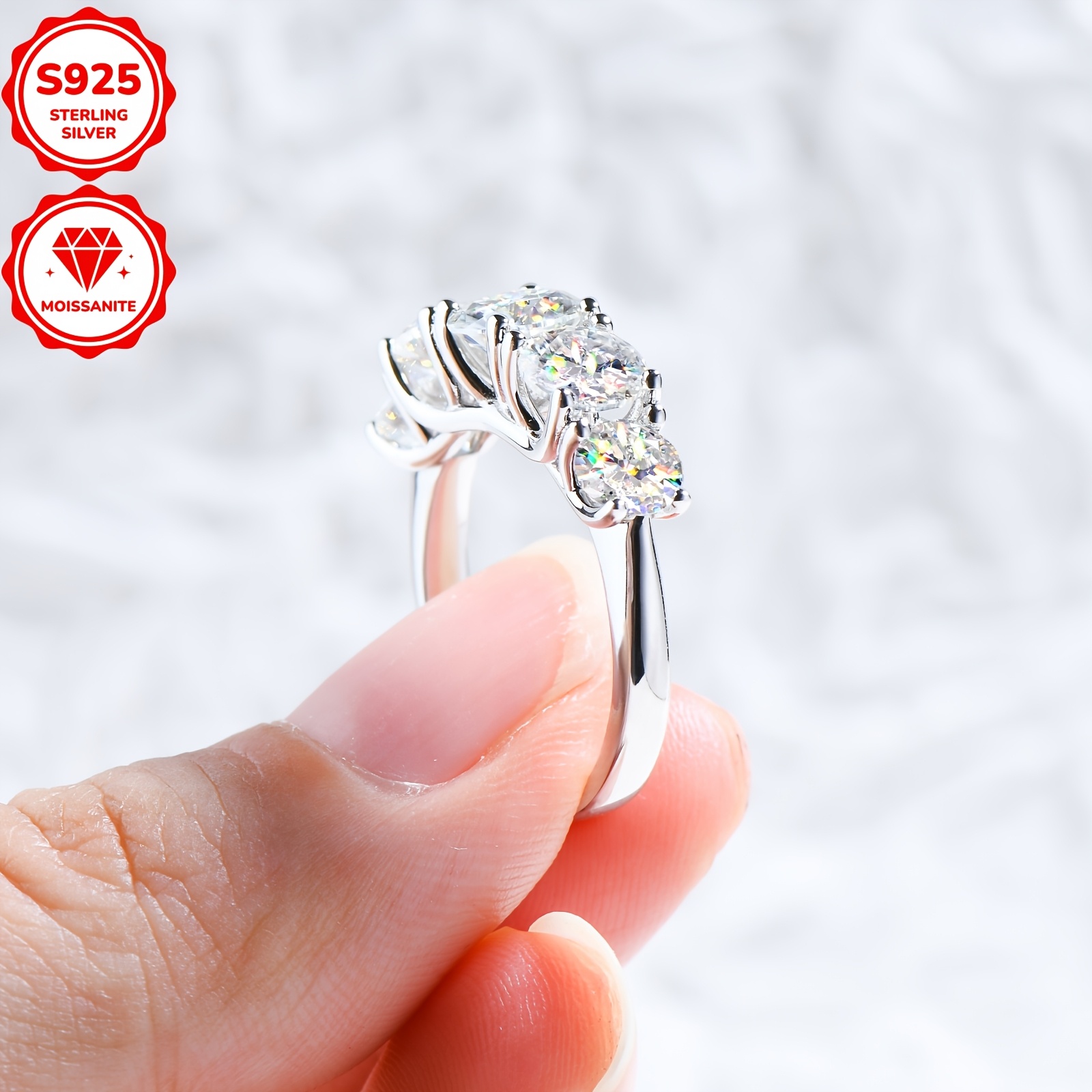 Moissanite 5 Stone 925 Silver Ring, 6.5mm Round Moissanite