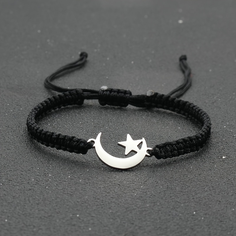 Image of Fashion Stainless Steel Star Moon Bracelet, Hand Woven Easy Adjustable Nylon Rope Bracelet For Men Women Couples' Holiday Gifts