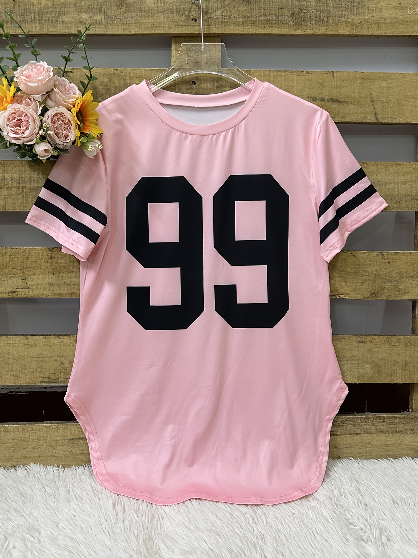 Women's Casual Longline T-Shirt with Bold '99' Graphic Print - Vibrant Blue Relaxed Fit, Mid-Stretch Machine-Washable Fabric for All-Season Comfort, Cute T Shirts, Everyday Clothing, Sporty Aesthetic, Stretchy Material