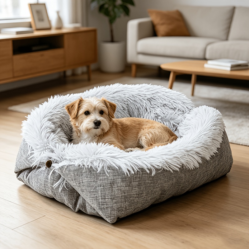 TEMU Winter Cozy Long Plush Pet Nest Bed, Linen Outer Anti-slip Calming Dog Bed, Machine Washable Soft Kitten Sleeping Mat